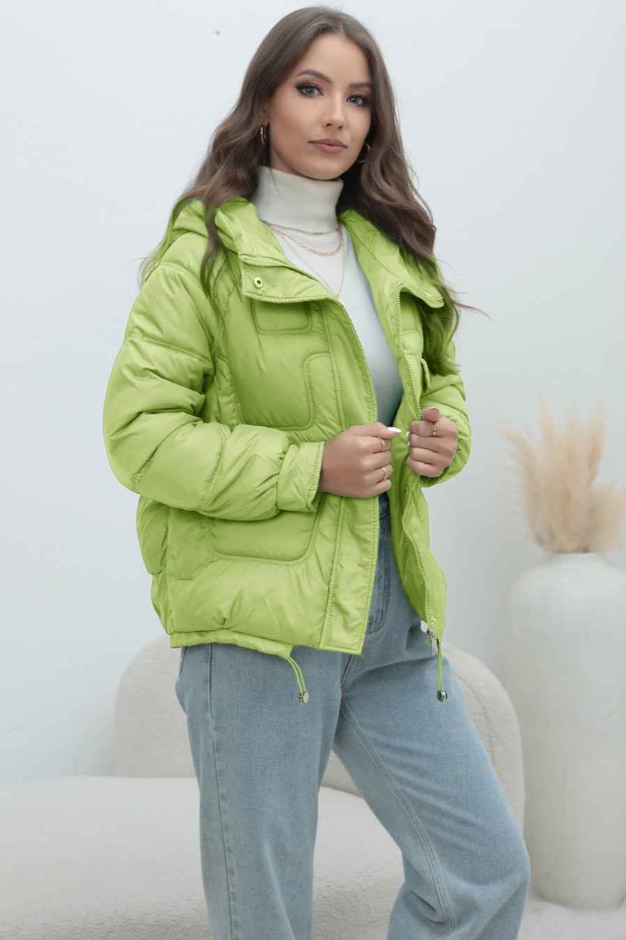 Quilted Hooded Jacket with High Collar and Drawstring Hem