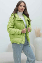 Quilted Hooded Jacket with High Collar and Drawstring Hem