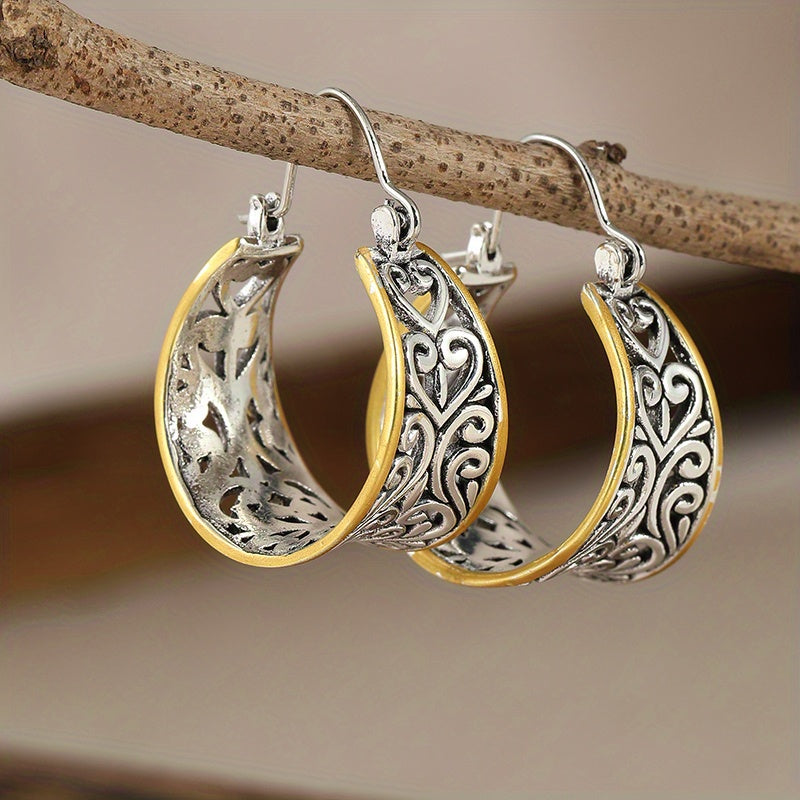 Vintage Two-Tone Hand-Carved Bohemian Hoop Earrings