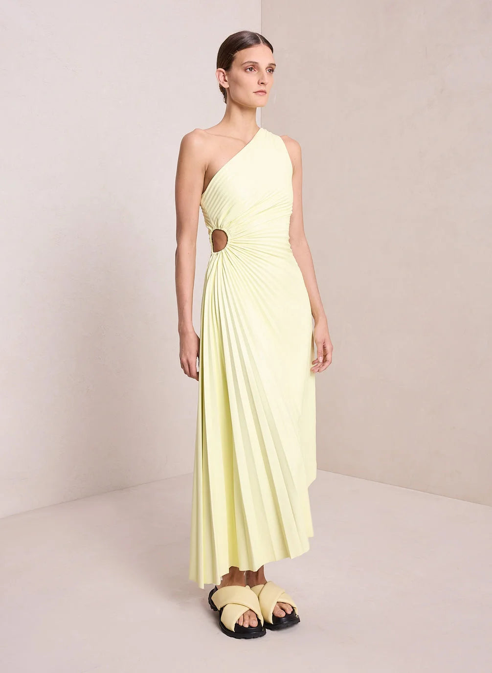 One-Shoulder Pleated Asymmetric Hem Maxi Dress