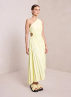 One-Shoulder Pleated Asymmetric Hem Maxi Dress