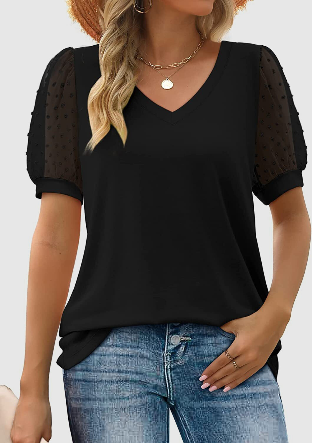 Puff Sleeve V-Neck Blouse with Dot Pattern
