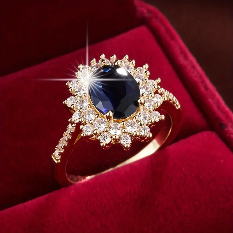Sapphire-Look Gold-Tone Ring with Crystal Halo