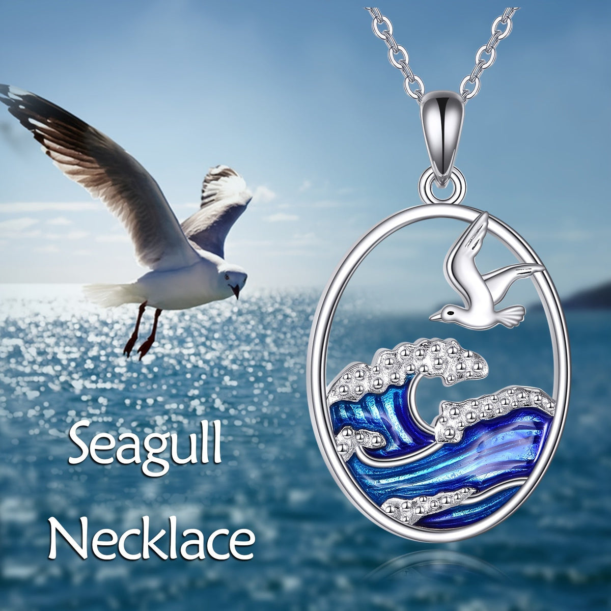 Zilverkleurige ketting met hanger met oceaangolf en meeuw