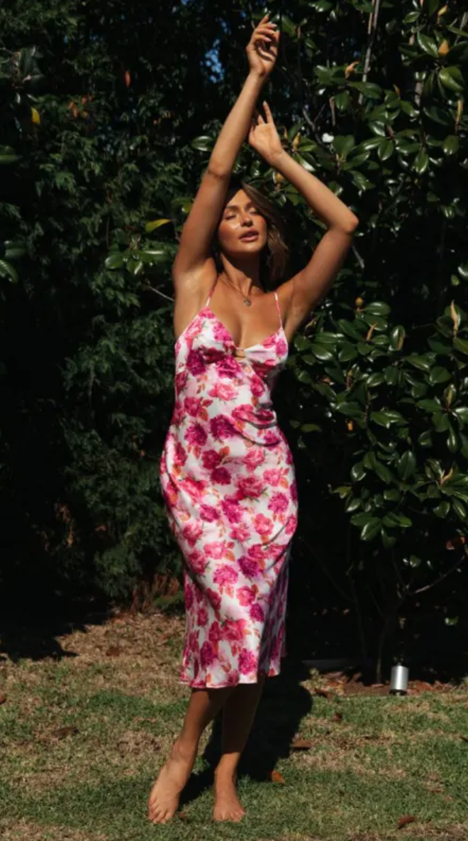 Red Floral V-Neck Slip Dress