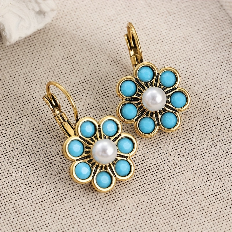 Vintage Turquoise and Pearl Flower Earrings