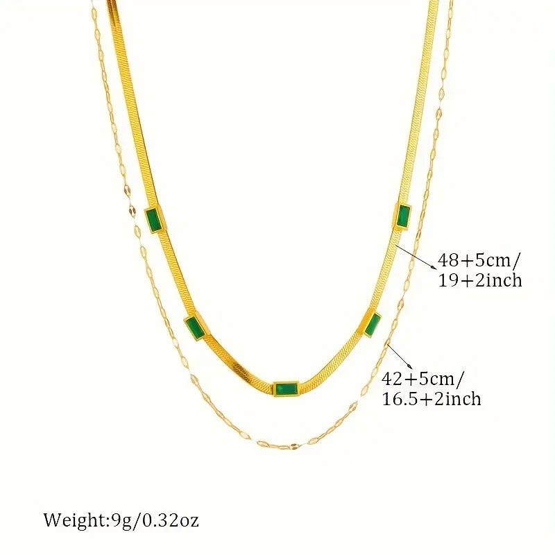 Double-Layer Snake Chain Necklace with Green Stones