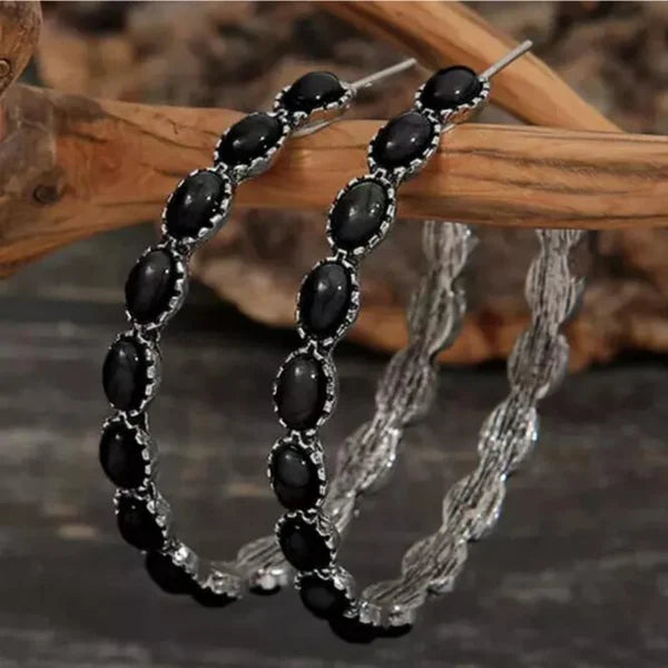Vintage-Style Stone Hoop Earrings in Three Colours