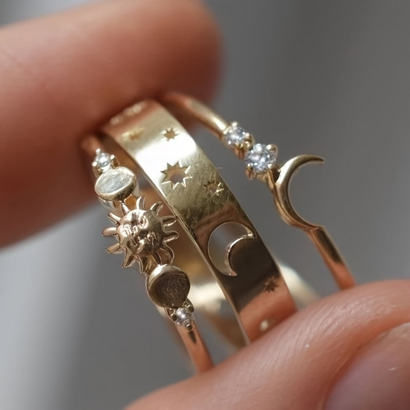 Vintage stapelringenset met halve maan ingelegd met zirkonia