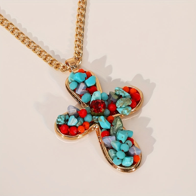 Bohemian Colourful Turquoise Cross Pendant Necklace