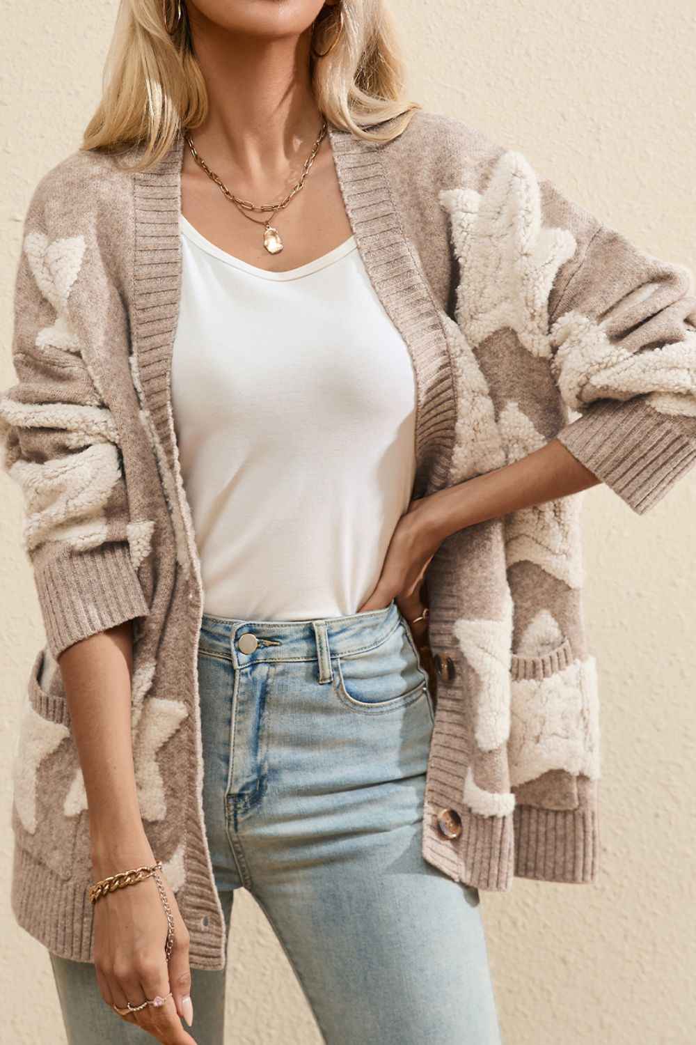 Star Print Sherpa Cardigan with V Neck and Front Pockets