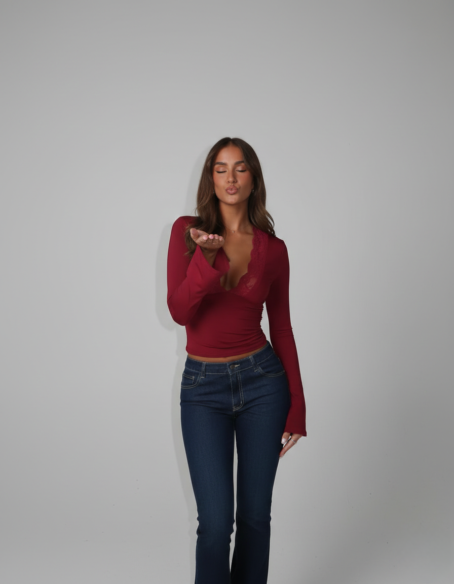 Lace-Trim V-Neck Long Sleeve Top