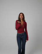 Lace-Trim V-Neck Long Sleeve Top