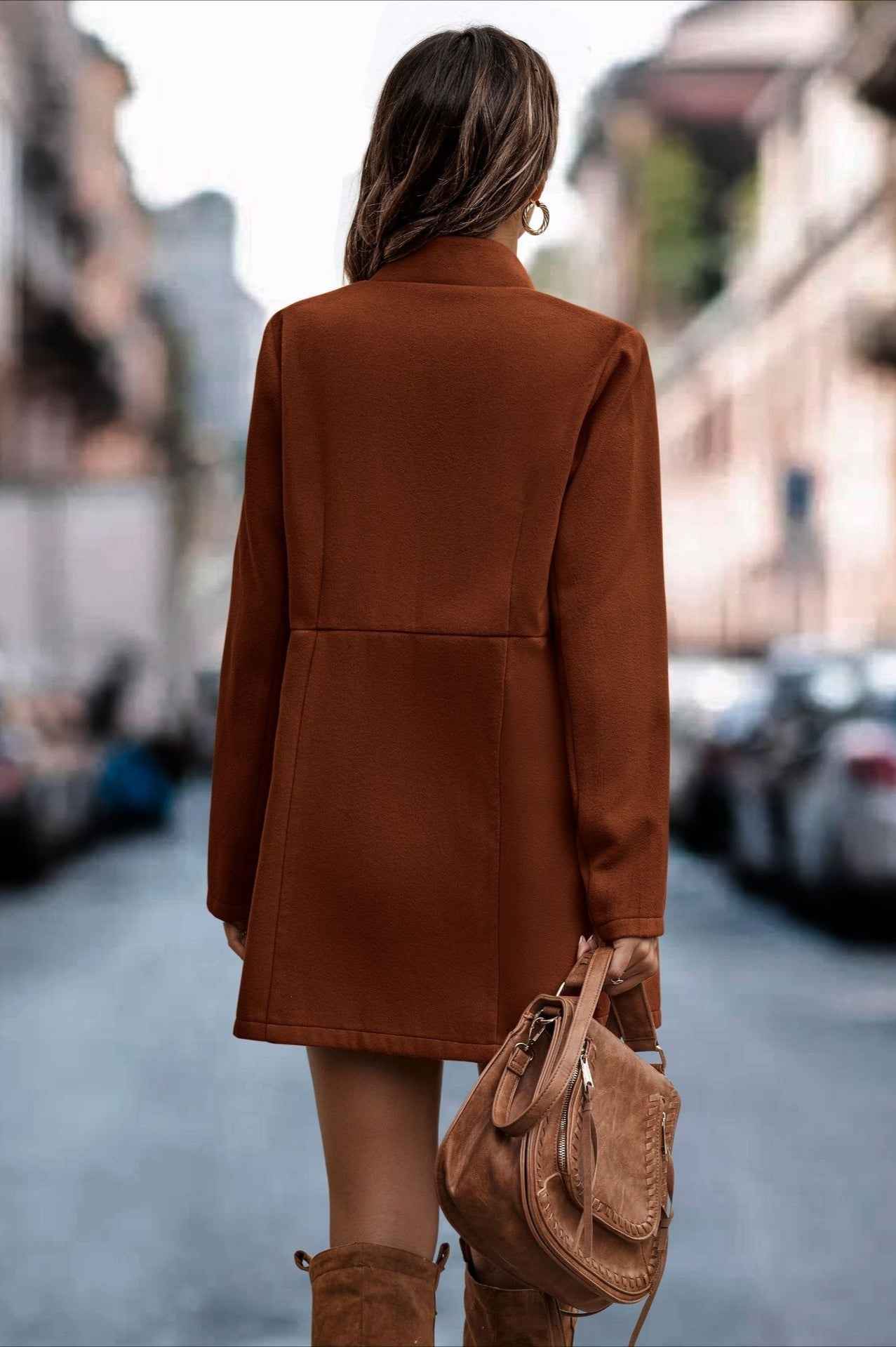 Longline Cotton Coat with a Stand Collar and Slim Cut