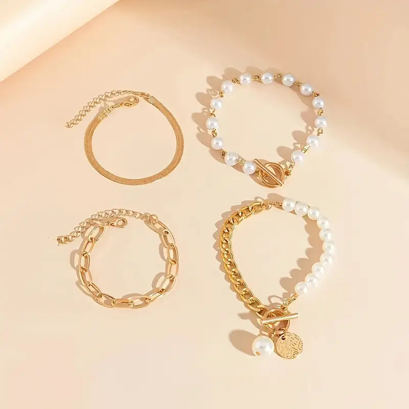Four-Piece Gold-Tone Bracelet Set with Snake, Pearl and Link Chains