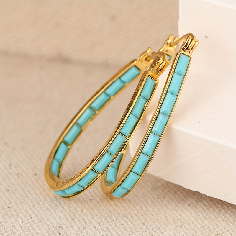 U-Shaped Synthetic Turquoise Oval Hoop Earrings