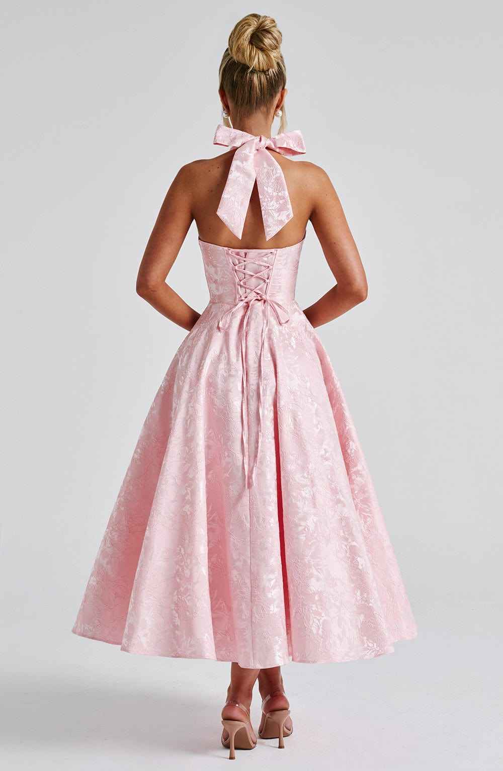 Midi-jurk met korsetlijfje, halterstrik en bloemenjacquard