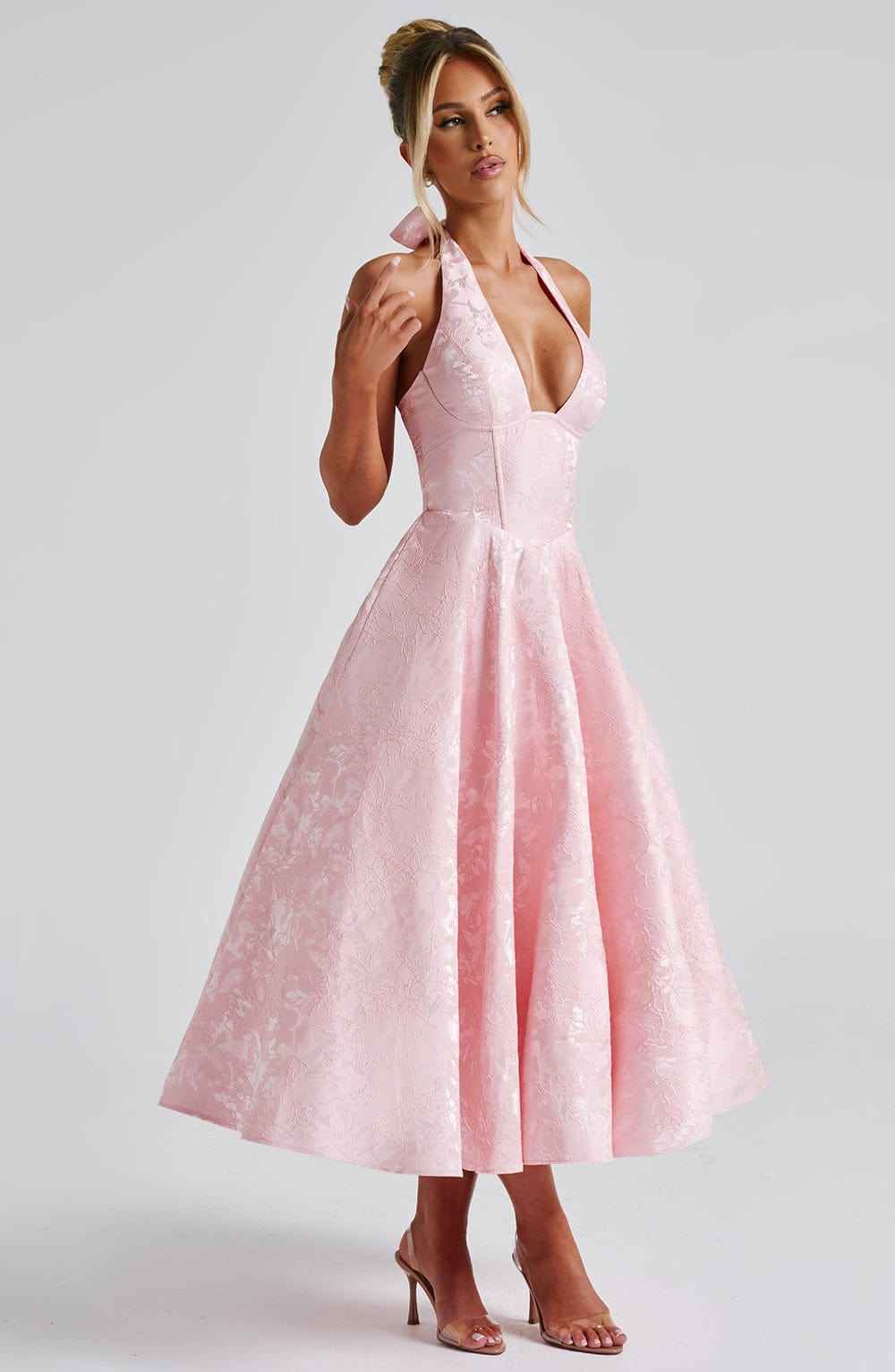 Midi-jurk met korsetlijfje, halterstrik en bloemenjacquard