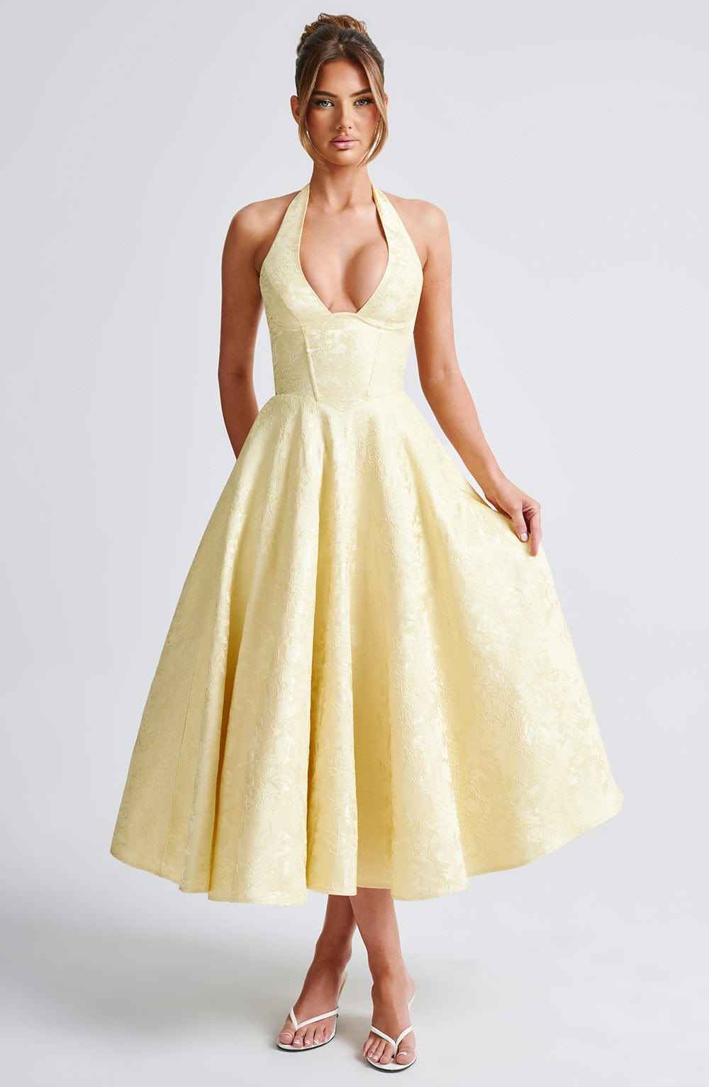 Midi-jurk met korsetlijfje, halterstrik en bloemenjacquard