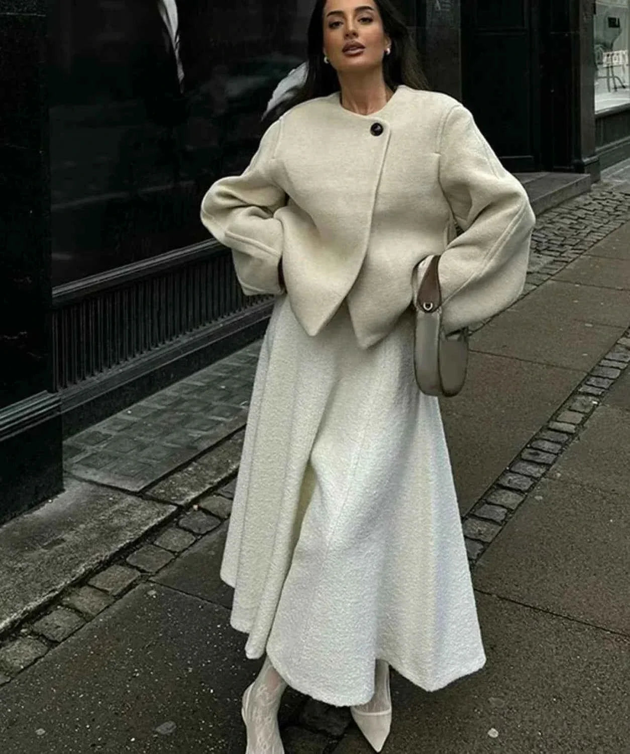 Single Button Brushed Overcoat with Round Neck and Loose Fit