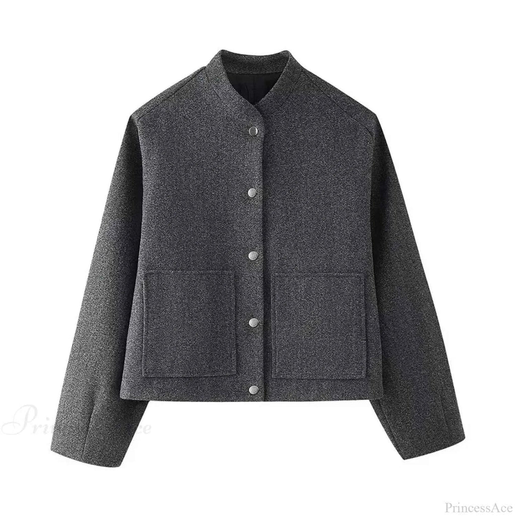 Single Button Brushed Overcoat with Round Neck and Loose Fit
