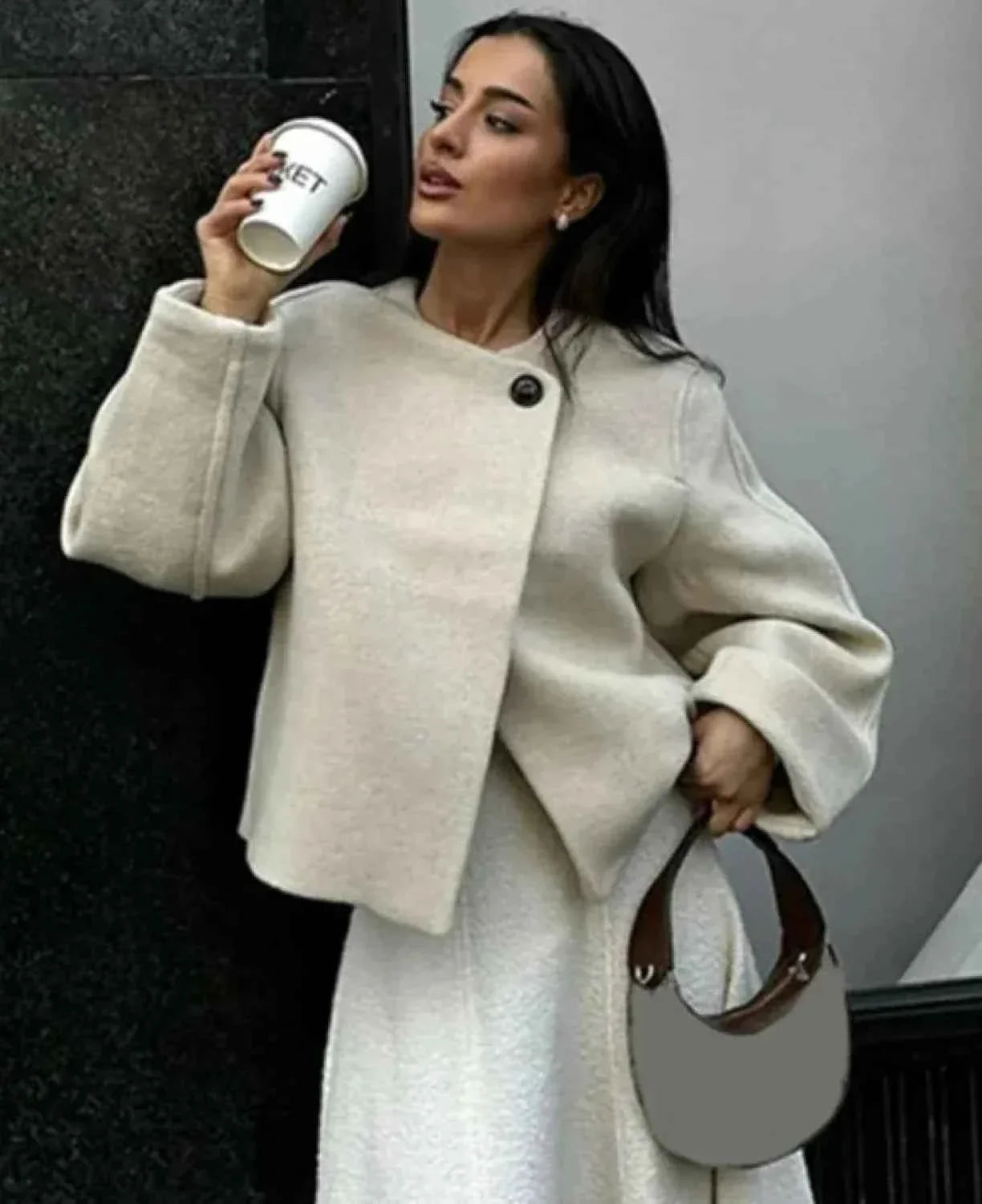 Single Button Brushed Overcoat with Round Neck and Loose Fit