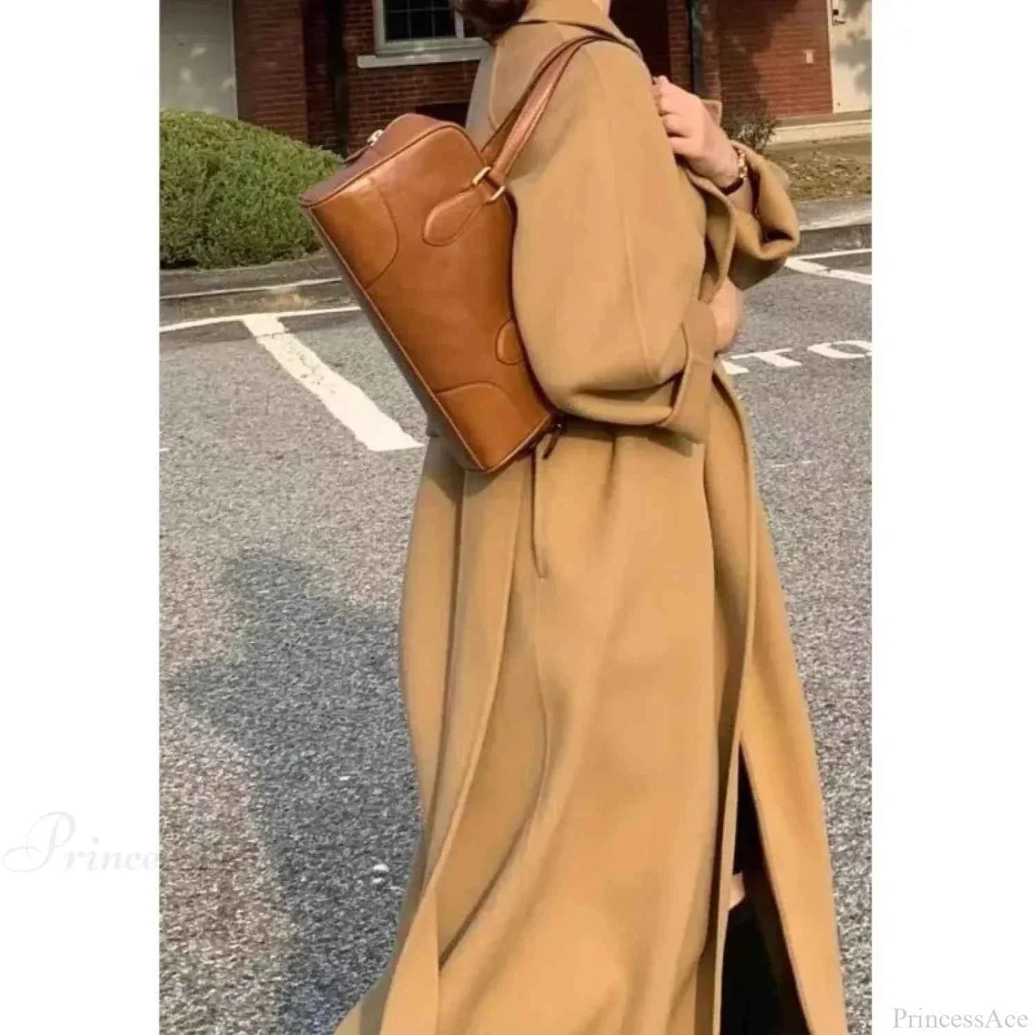 Long Belted Coat with Turn-Down Collar and Solid Finish