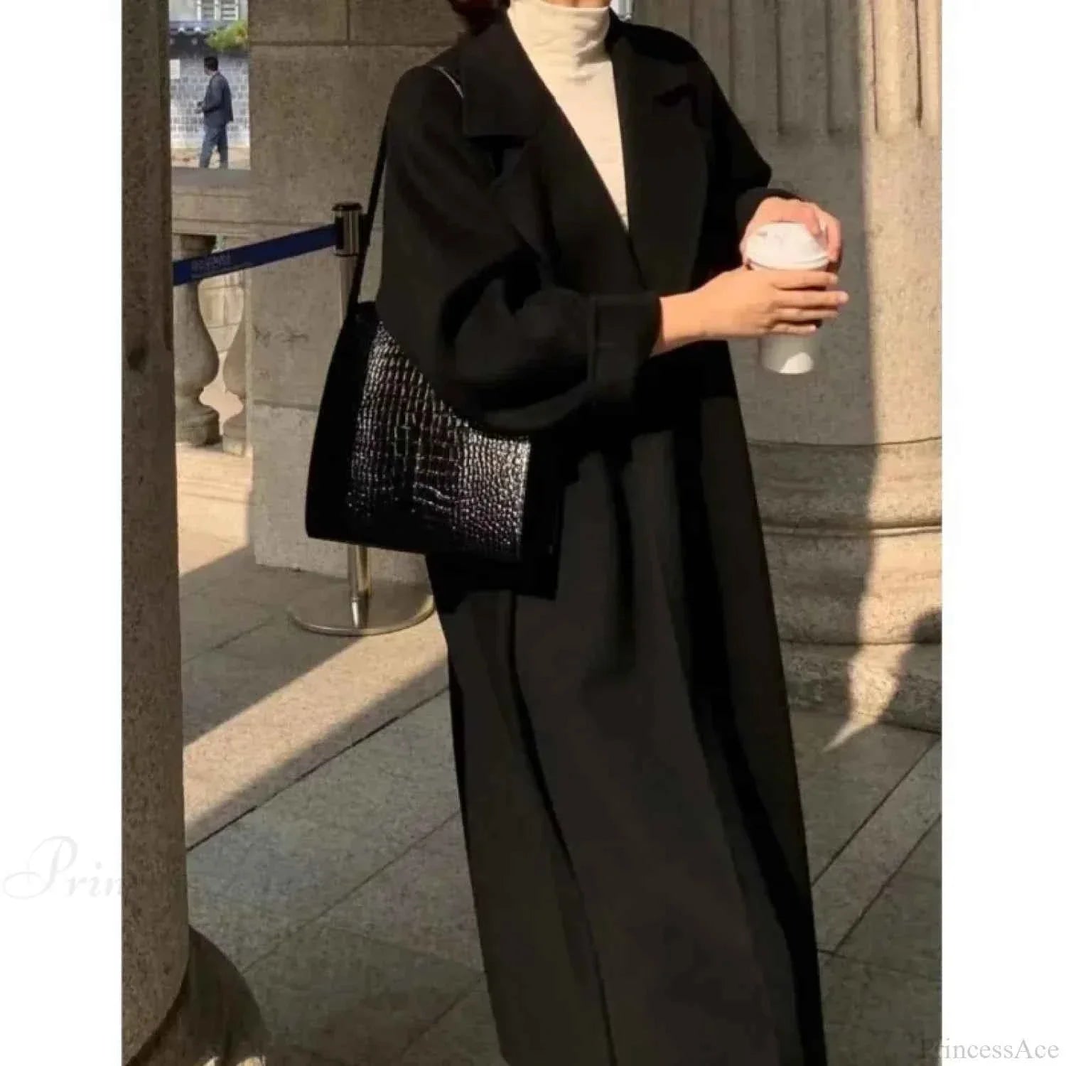 Long Belted Coat with Turn-Down Collar and Solid Finish