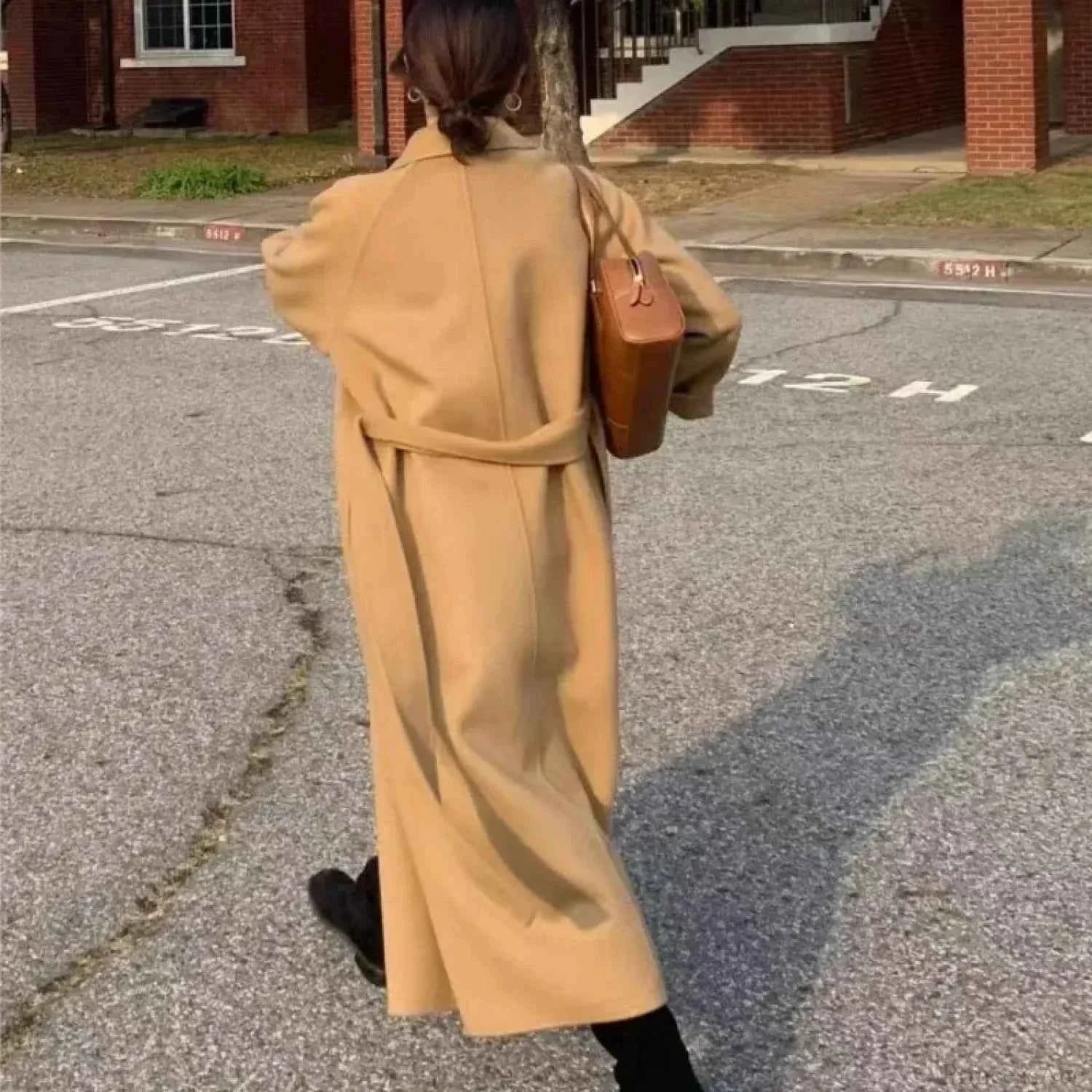 Long Belted Coat with Turn-Down Collar and Solid Finish
