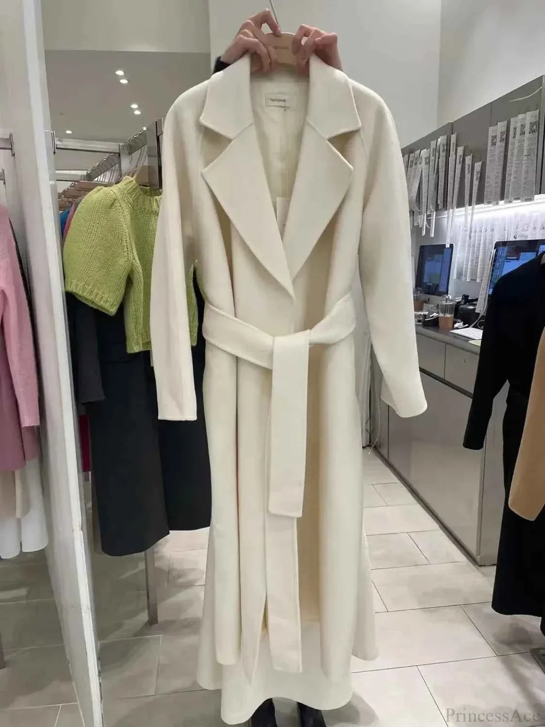 Long Belted Coat with Turn-Down Collar and Solid Finish