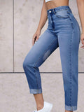 Highwaist jeans met omgeslagen zoom en zakken voor en achter