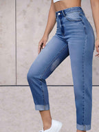 Highwaist jeans met omgeslagen zoom en zakken voor en achter