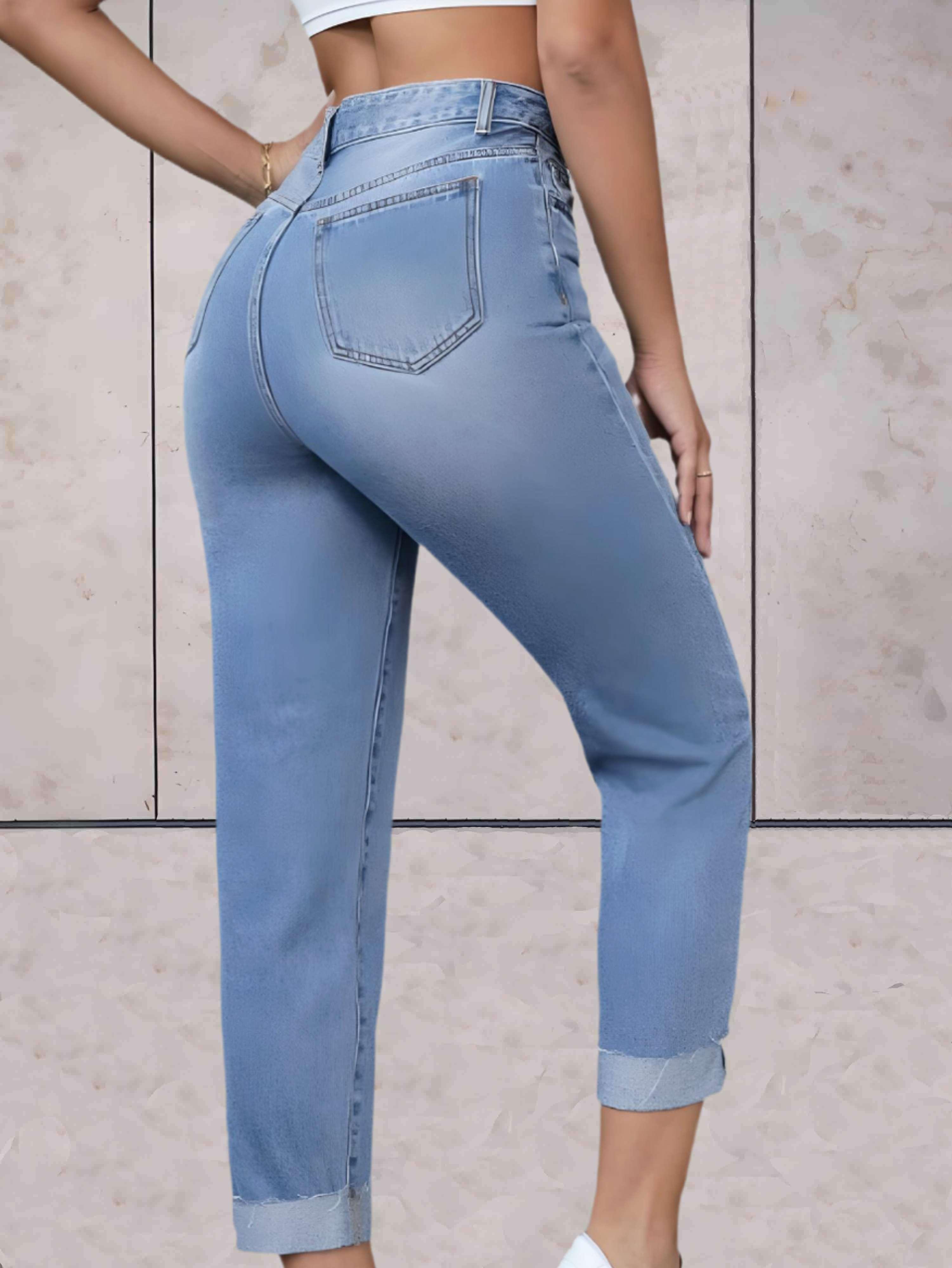 Highwaist jeans met omgeslagen zoom en zakken voor en achter