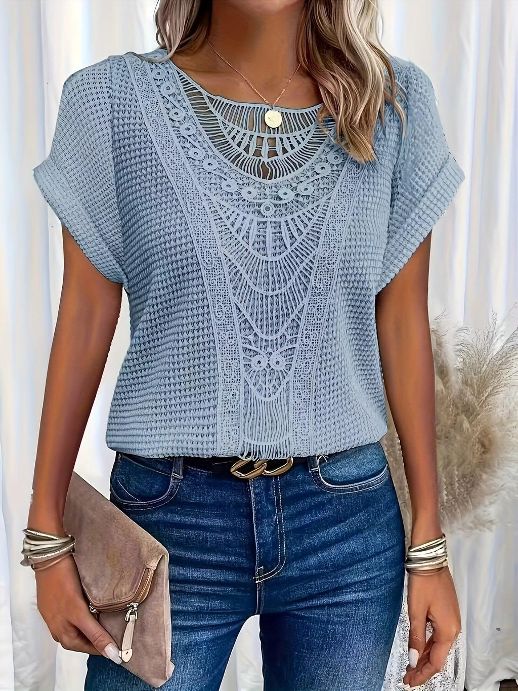 Crochet Lace Knit Top with Short Sleeves