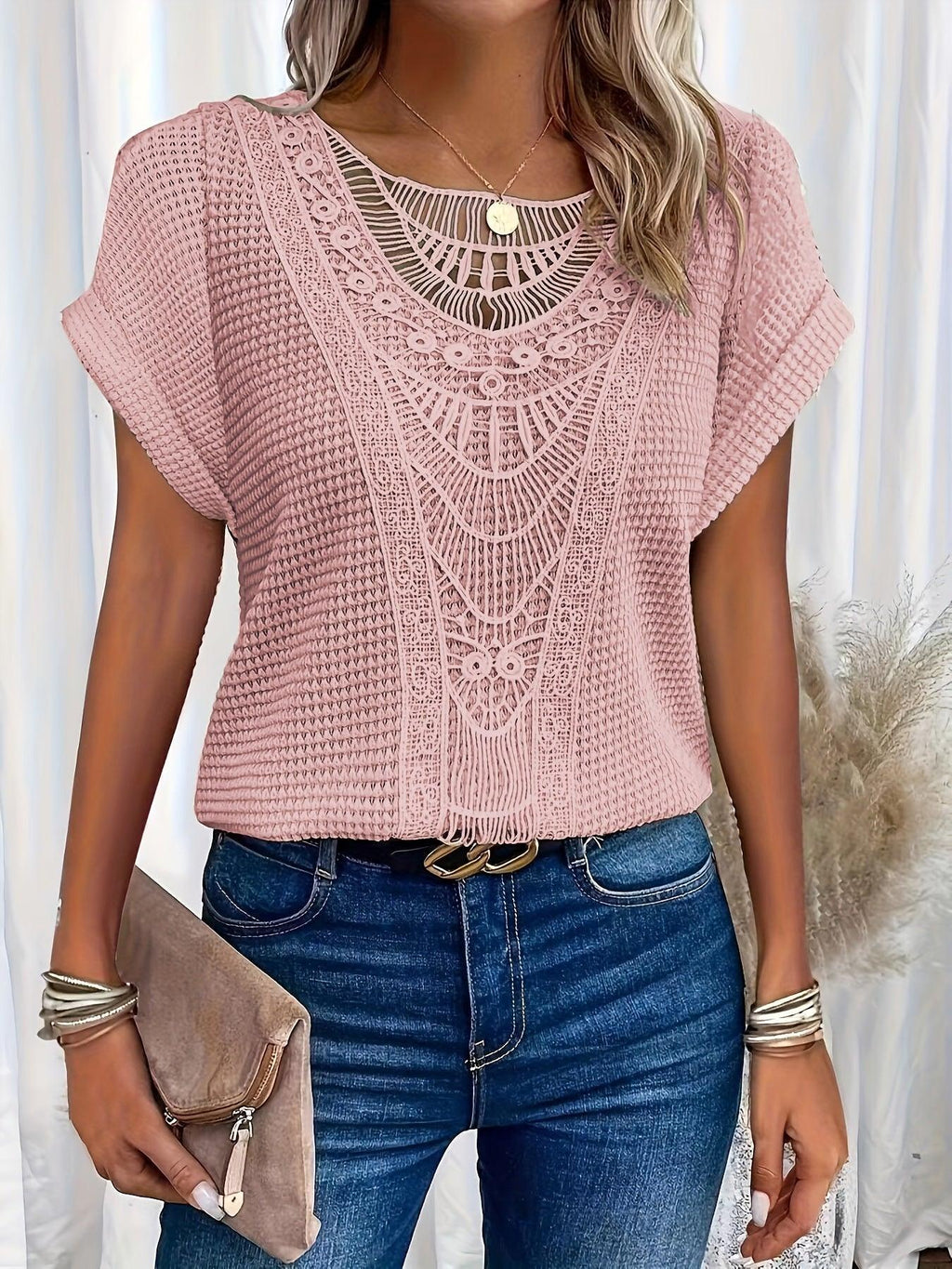 Crochet Lace Knit Top with Short Sleeves