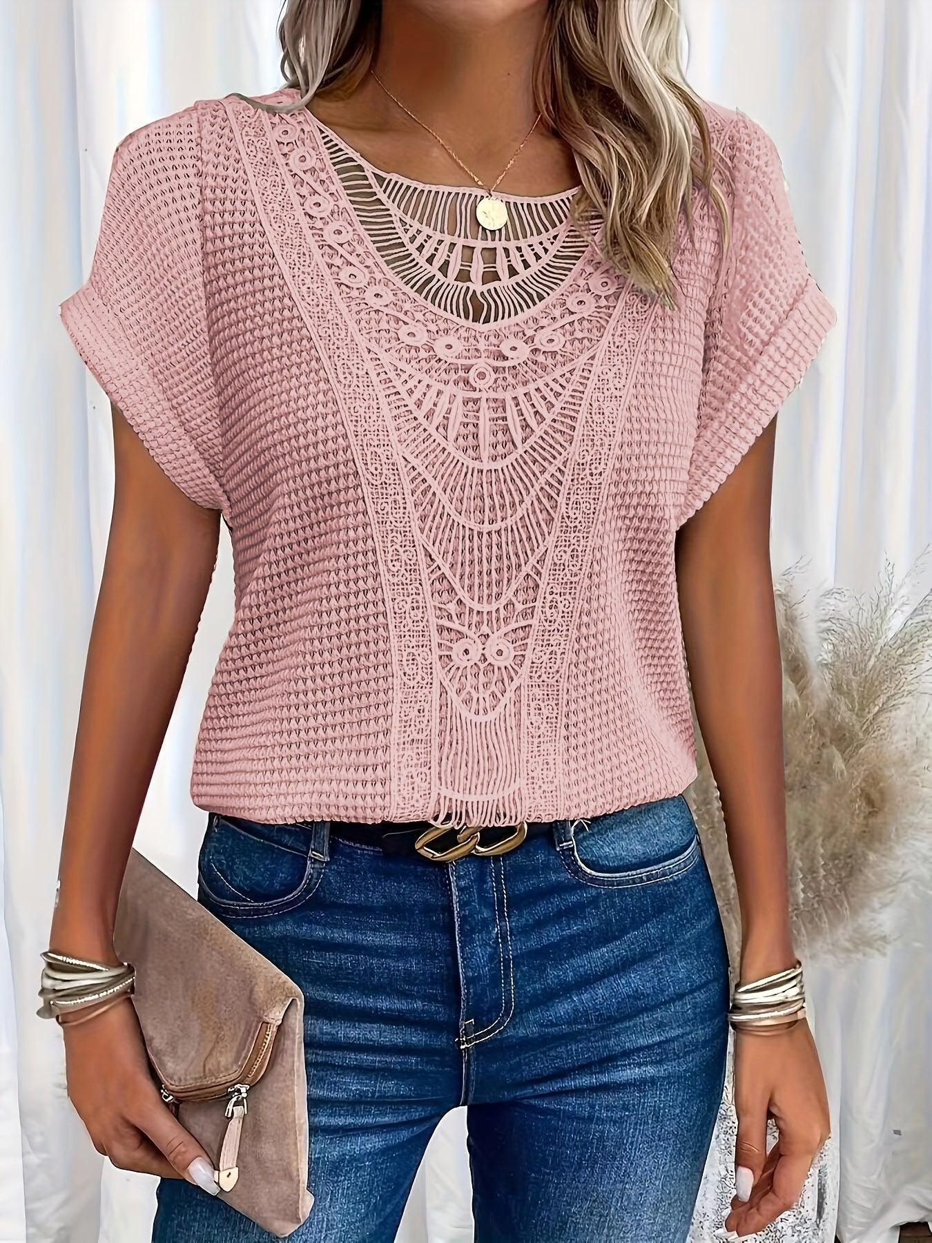 Crochet Lace Knit Top with Short Sleeves