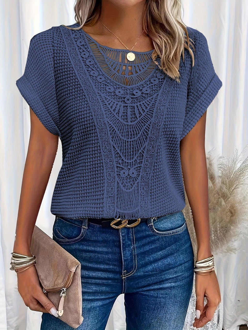 Crochet Lace Knit Top with Short Sleeves