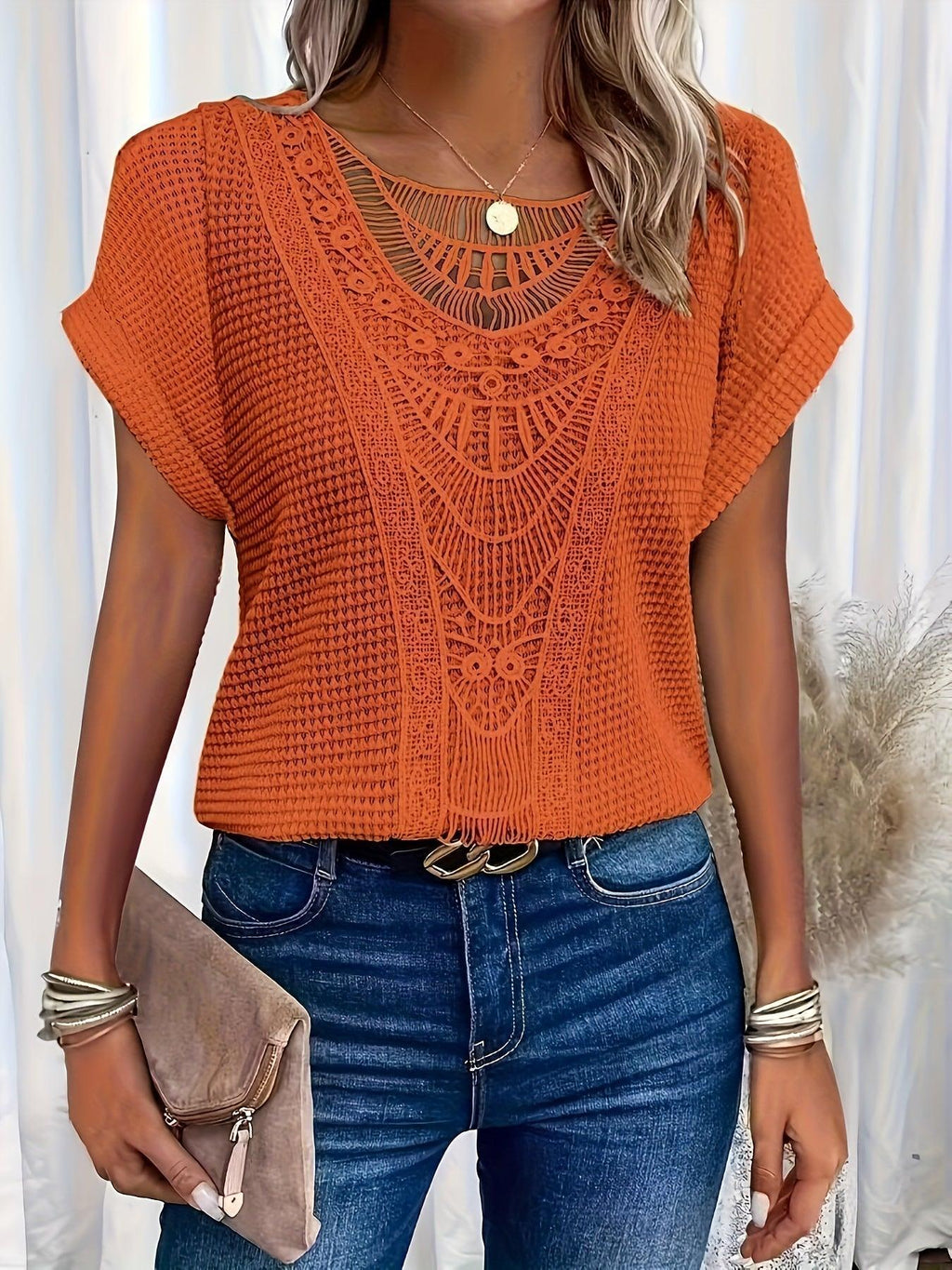 Crochet Lace Knit Top with Short Sleeves