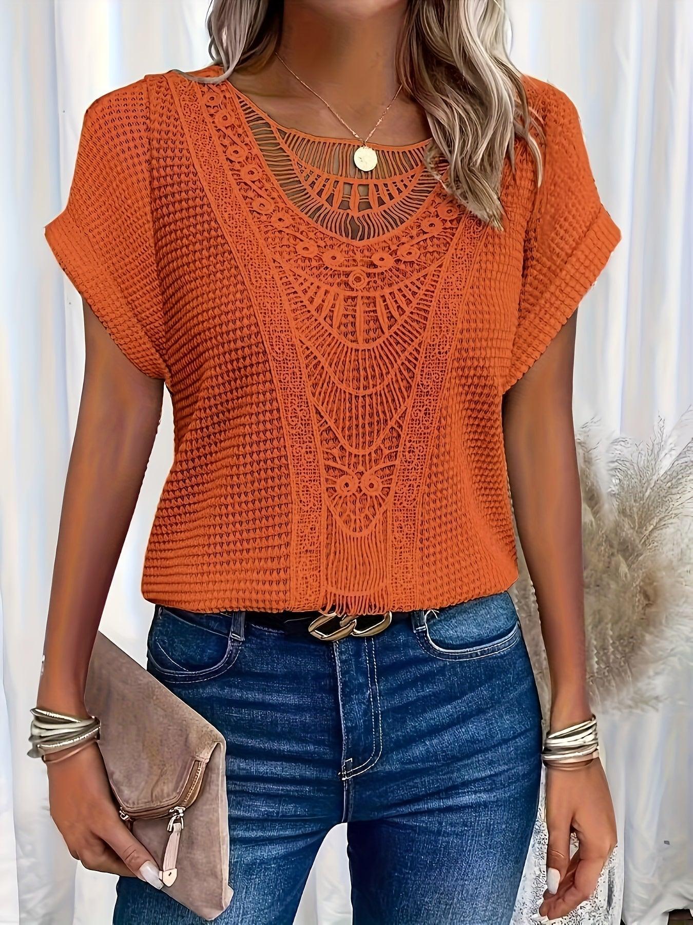 Crochet Lace Knit Top with Short Sleeves