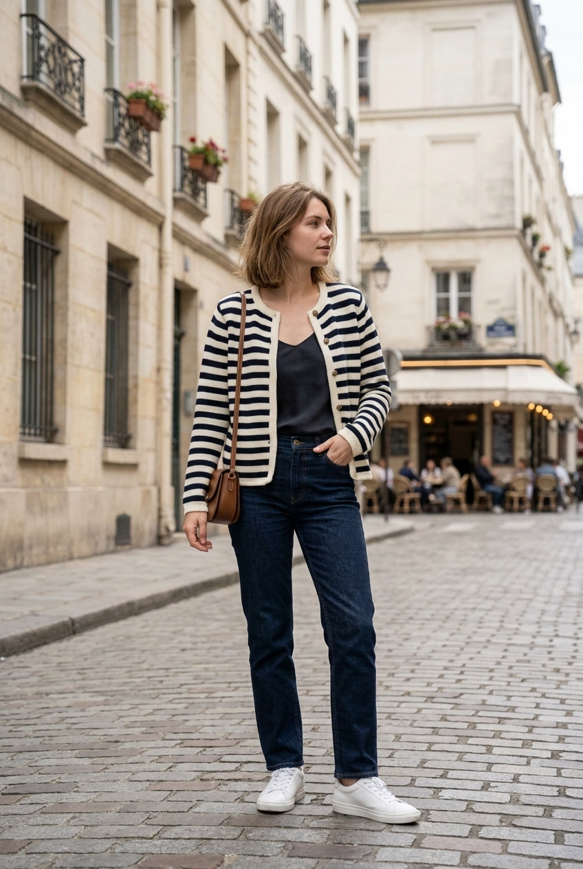 Cardigan ouvert à rayures horizontales en maille moelleuse