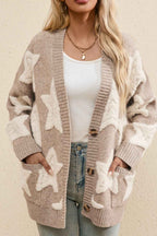 Star Print Sherpa Cardigan with V Neck and Front Pockets