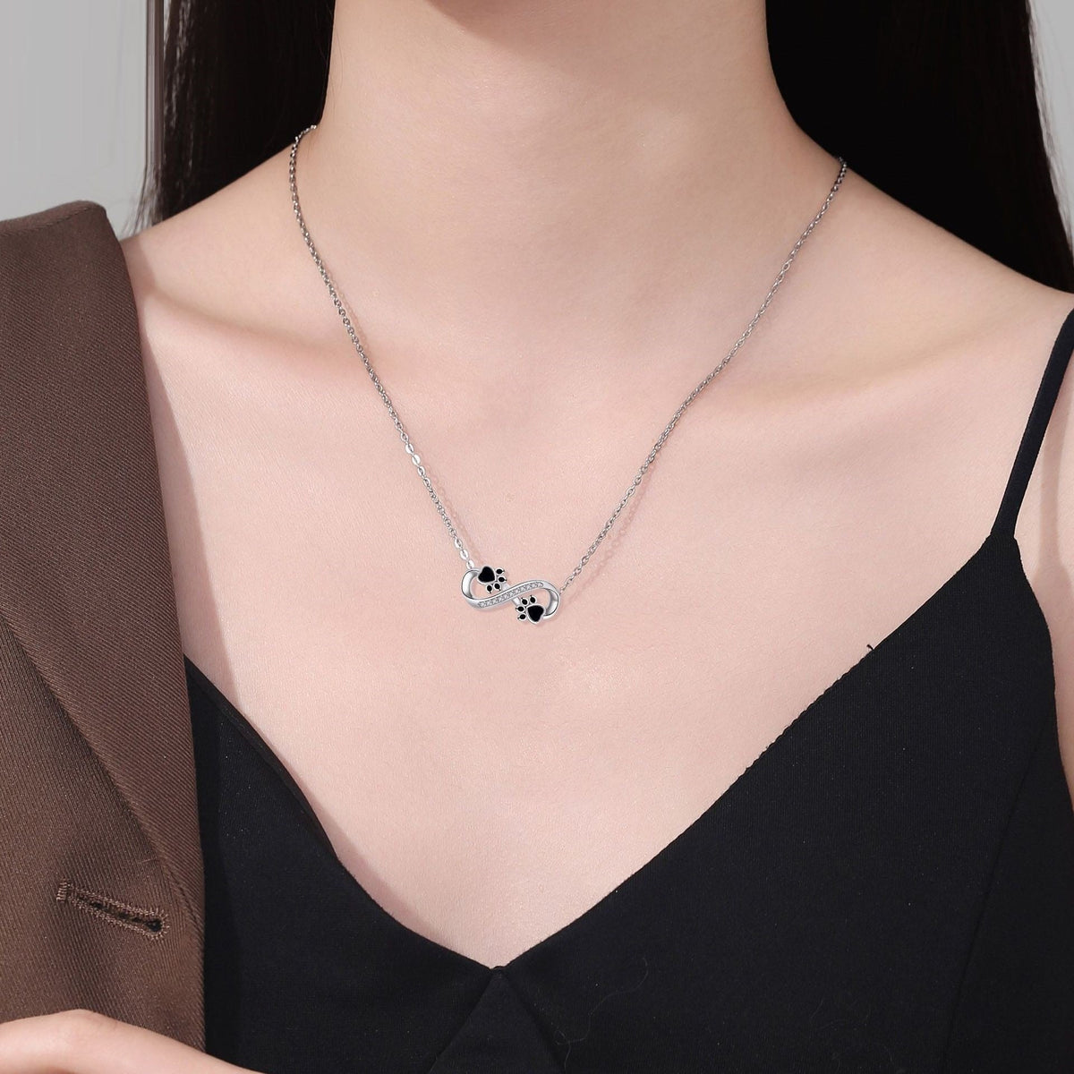 Black Infinity Paw Print Necklace with Zirconia