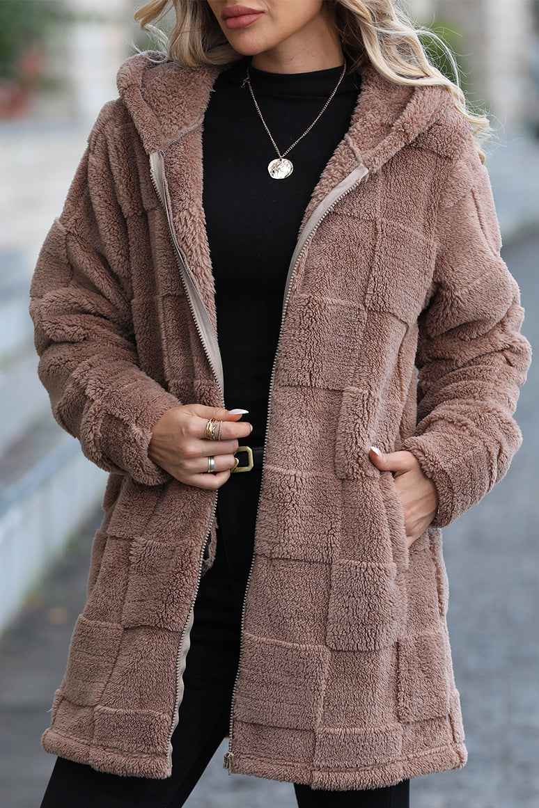 Hooded Zip Through Cardigan Coat with Patchwork Detailing