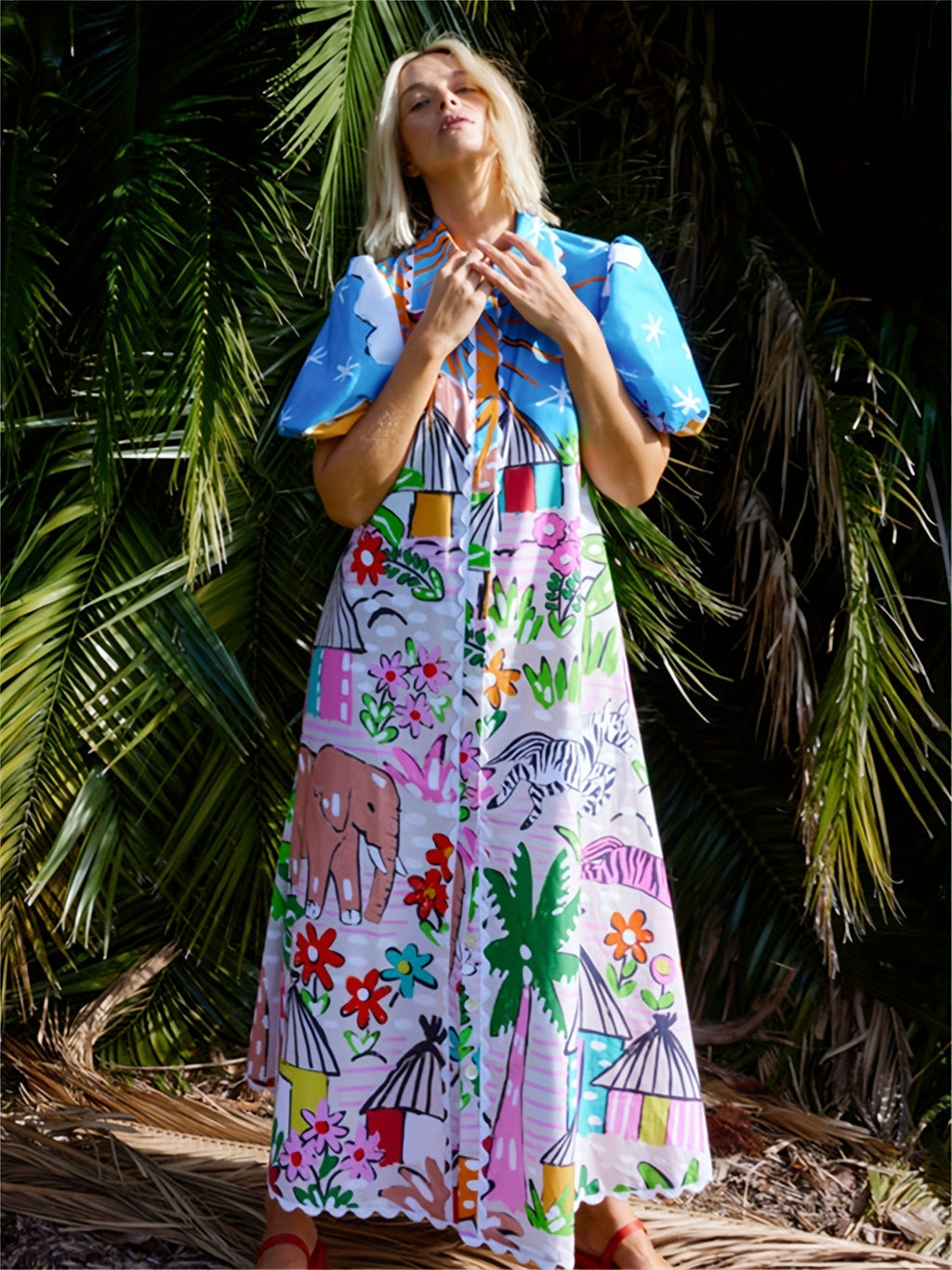Printed Short Sleeve Button-Front Shirt Maxi Dress