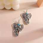 Vintage Turquoise Elephant Silver-Plated Boho Drop Earrings