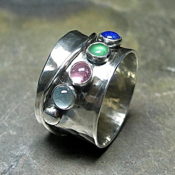 Wide Silver-Tone Band Ring with Multicolour Birthstone-Look Stones