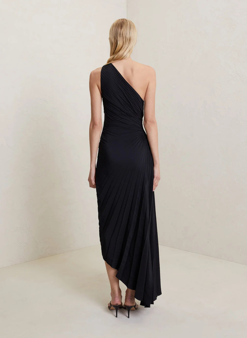 One-Shoulder Pleated Asymmetric Hem Maxi Dress