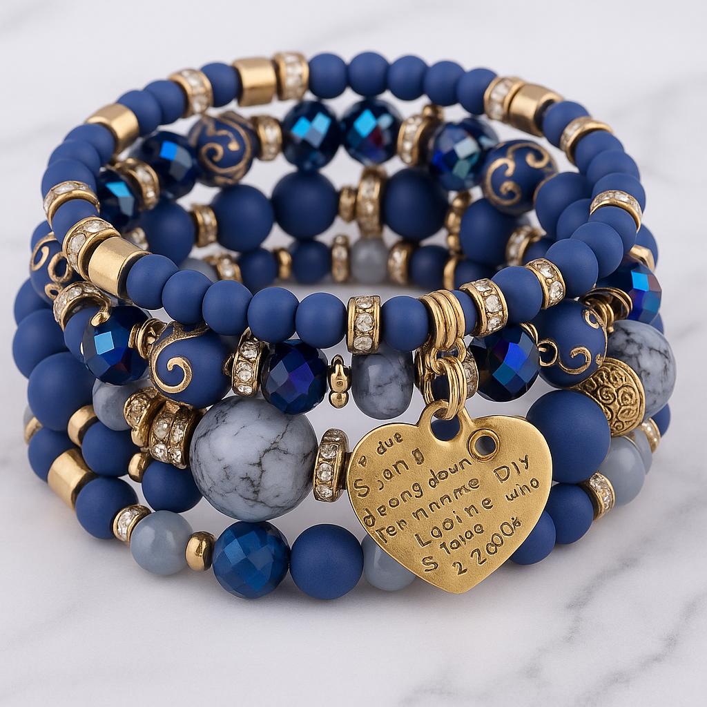 Blue Bead Stretch Bracelet Set with Heart Charm
