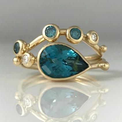 Gold-Tone Ring with Teardrop Blue Glass and Aqua Dots