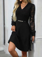 Lace Sleeve Midi Dress with Slim Belt and Flared Skirt